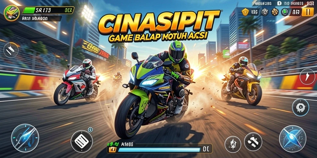 Screenshot gameplay CINASIPIT menampilkan aksi balap motor yang seru dan mendebarkan.