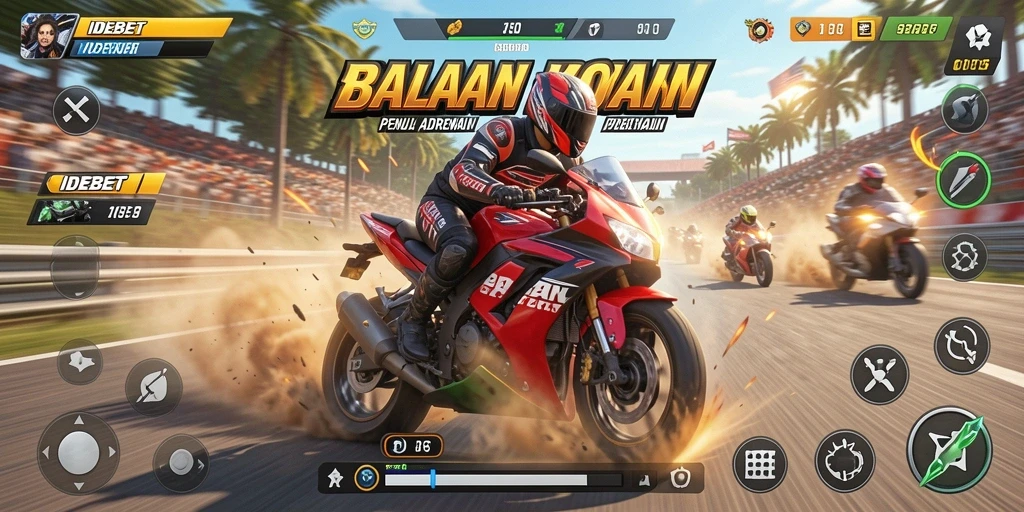 Gameplay seru IDEBET dengan balapan motor yang intens.