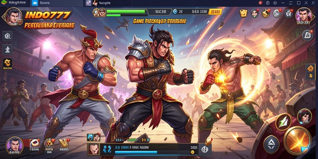 Tangkapan layar gameplay INDO777 memperlihatkan pertarungan seru dengan karakter beragam.