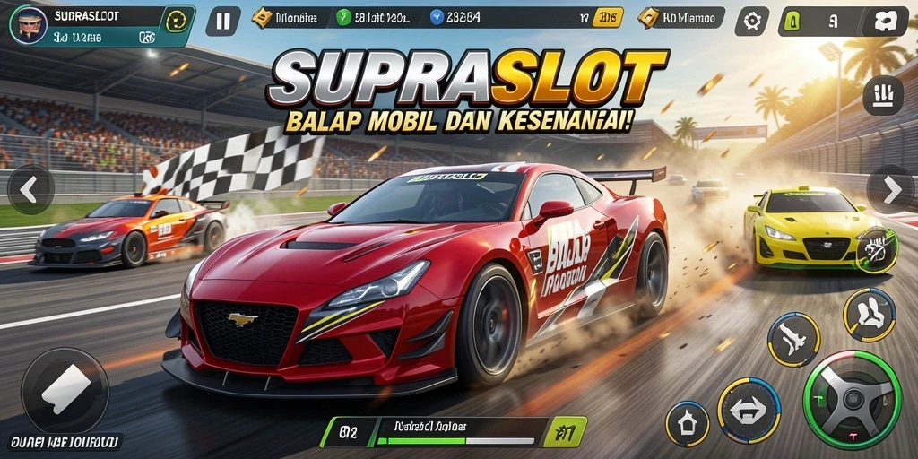 Gameplay Racing seru dalam SUPRASLOT dengan mobil cepat.